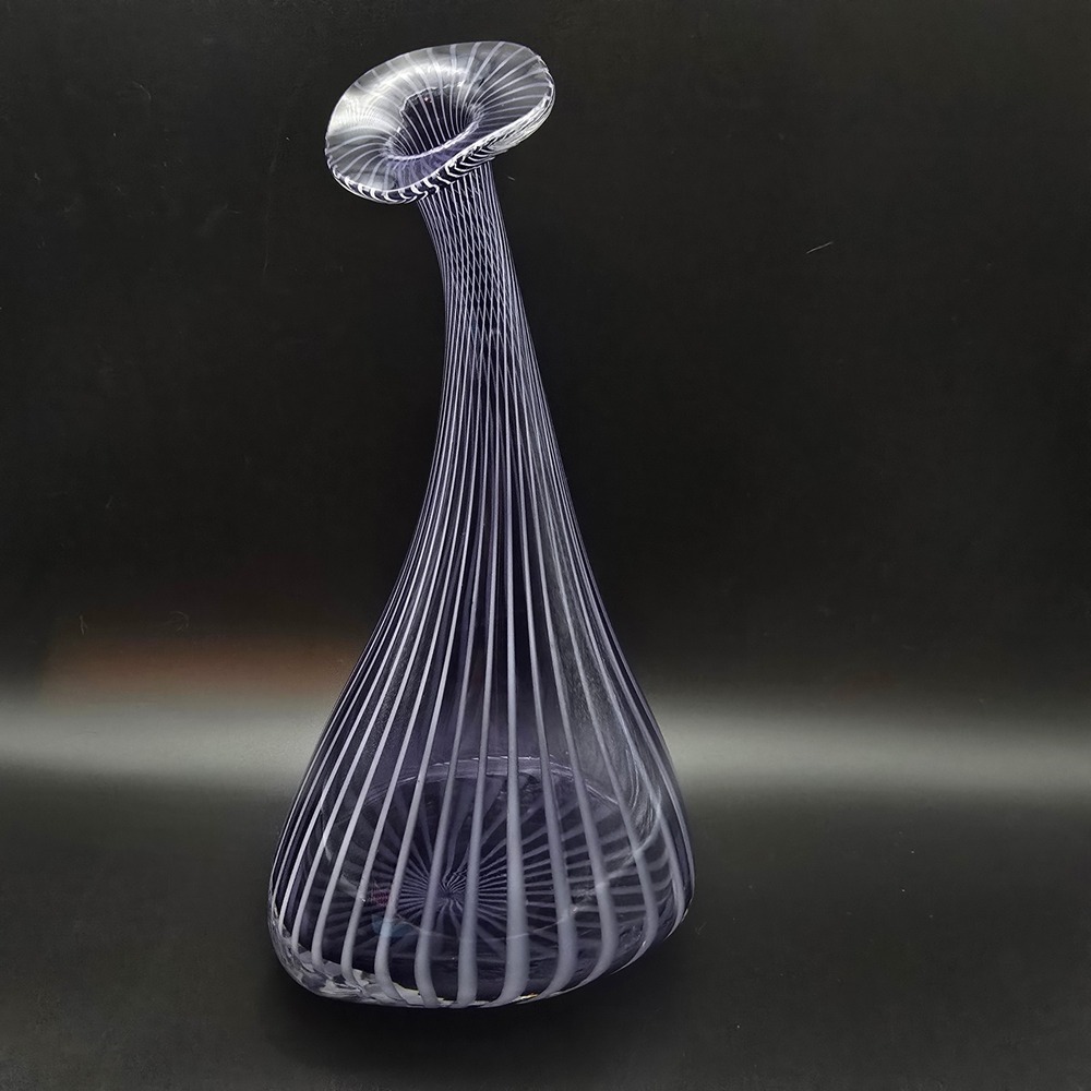 Murano Style Purple White Filigrana Art Glass Long Neck Vase